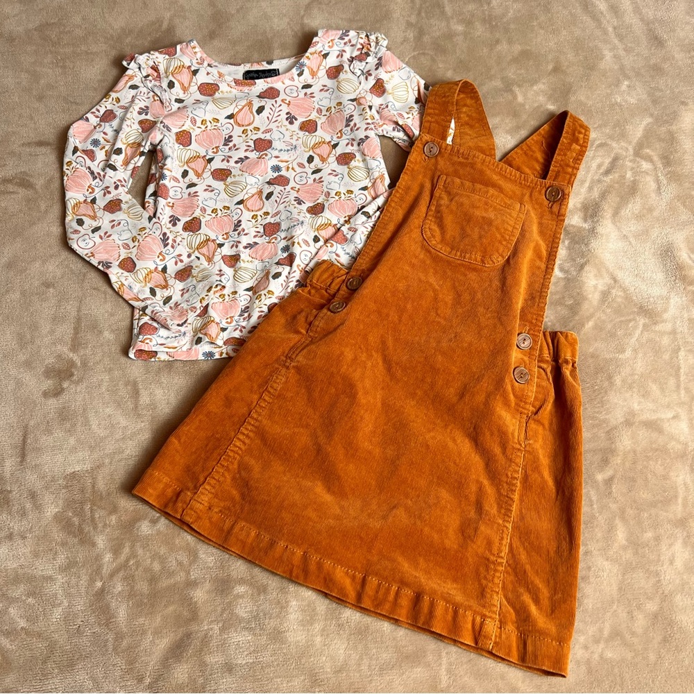 CYNTHIA ROWLEY Pink Fall Fruit Shirt and Corduroy Overall Skirt Set - Size 5